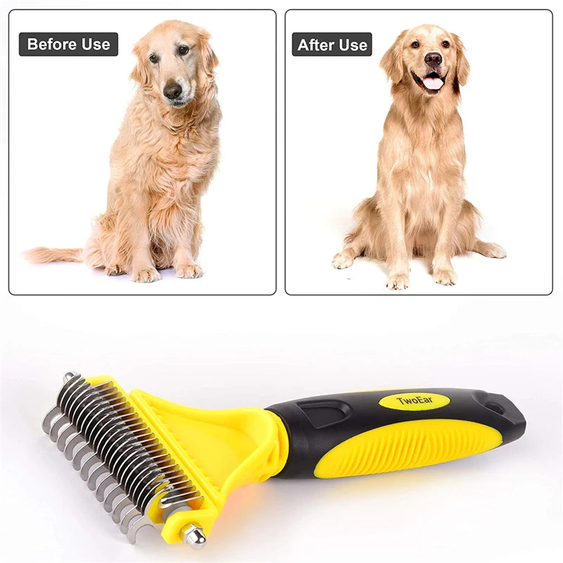 Pets Stainless Steel Grooming Brush Two-Sided Shedding and Dematting Undercoat Rake Comb for Dog Cat Remove Knots Tangles Easily