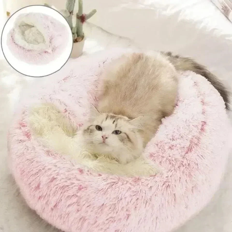 Round Cat Bed Winter Plush Cats Nest Semi Enclosed Simple Pet Sleeping Bag Comfort Warm Doghouse Living Room Corner Dog Kennel