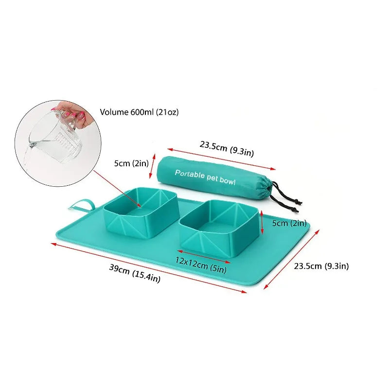 Pet Bowl Silicone Folding Pet Bowl Non-slip Dog Double Bowl Velvet Bag Dog Bowl Outdoor Pet Portable Dog Bowl Food