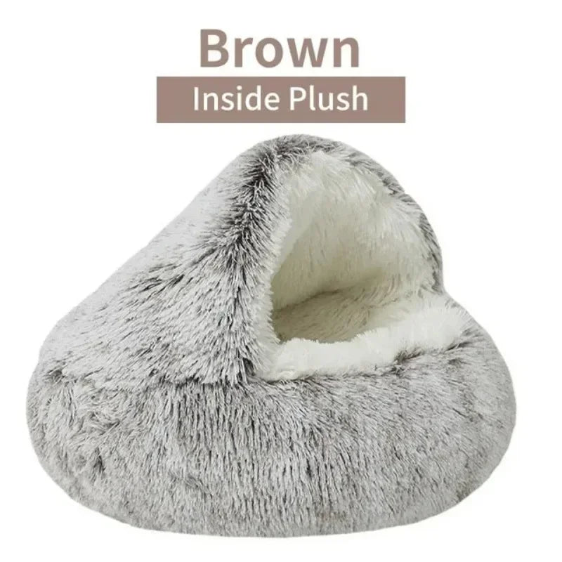 Round Cat Bed Winter Plush Cats Nest Semi Enclosed Simple Pet Sleeping Bag Comfort Warm Doghouse Living Room Corner Dog Kennel