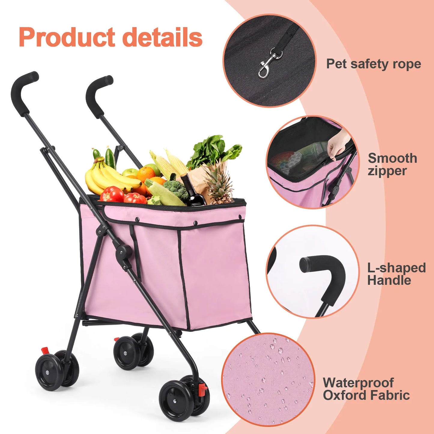 Shopping Trolley 33lbs 4 Wheels Dog Stroller Rotate Pink Pet Puppy StrollerTravel Hand Cart Folding einkaufswagen