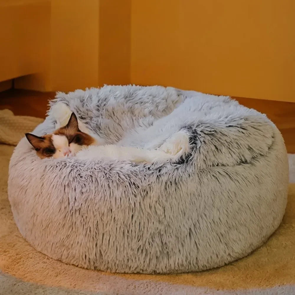 Round Cat Bed Winter Plush Cats Nest Semi Enclosed Simple Pet Sleeping Bag Comfort Warm Doghouse Living Room Corner Dog Kennel