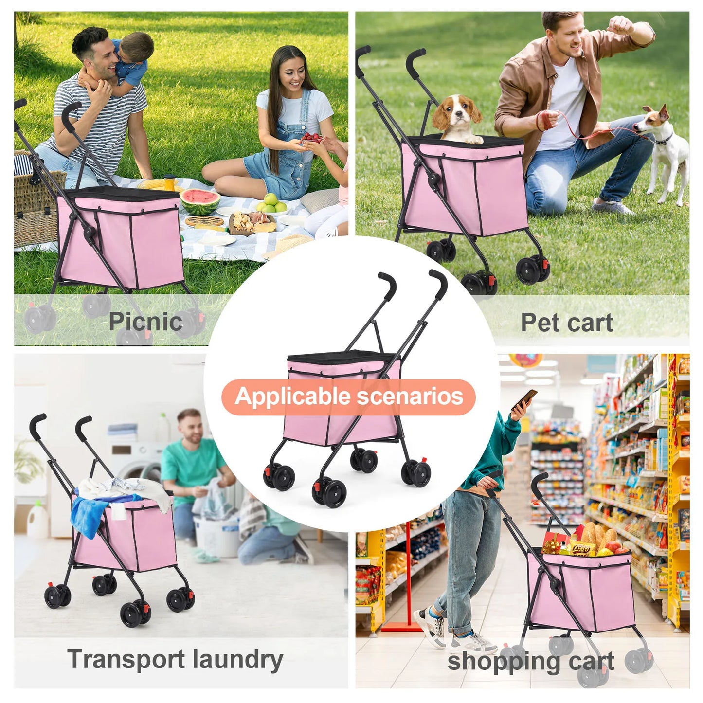 Shopping Trolley 33lbs 4 Wheels Dog Stroller Rotate Pink Pet Puppy StrollerTravel Hand Cart Folding einkaufswagen