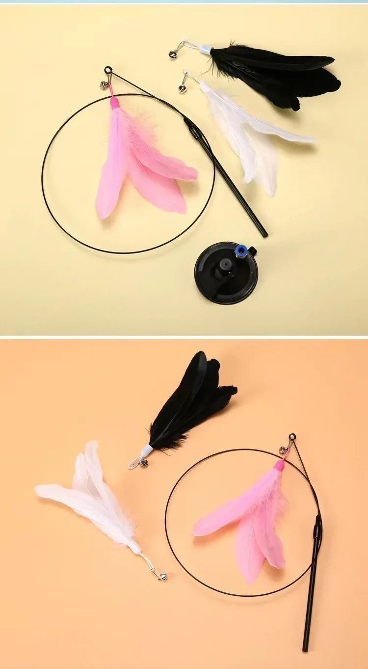 Cat Toys Interactive Funny Cat Feather Wand Suction Cup Ball Feathers Replacements with Bells for Indoor Cats Kitten Exercise