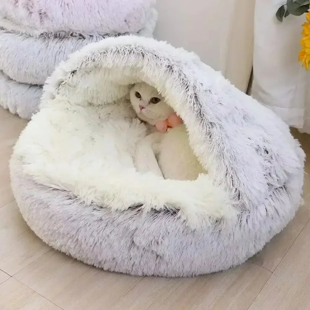 Round Cat Bed Winter Plush Cats Nest Semi Enclosed Simple Pet Sleeping Bag Comfort Warm Doghouse Living Room Corner Dog Kennel