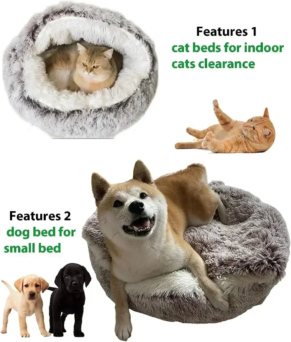 Round Cat Bed Winter Plush Cats Nest Semi Enclosed Simple Pet Sleeping Bag Comfort Warm Doghouse Living Room Corner Dog Kennel