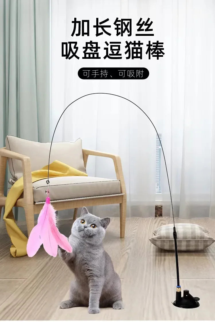 Cat Toys Interactive Funny Cat Feather Wand Suction Cup Ball Feathers Replacements with Bells for Indoor Cats Kitten Exercise