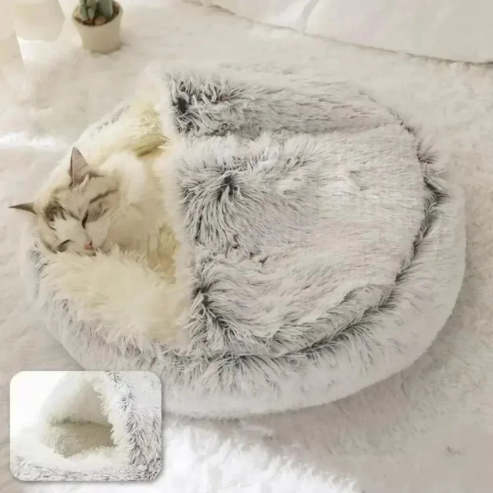 Round Cat Bed Winter Plush Cats Nest Semi Enclosed Simple Pet Sleeping Bag Comfort Warm Doghouse Living Room Corner Dog Kennel