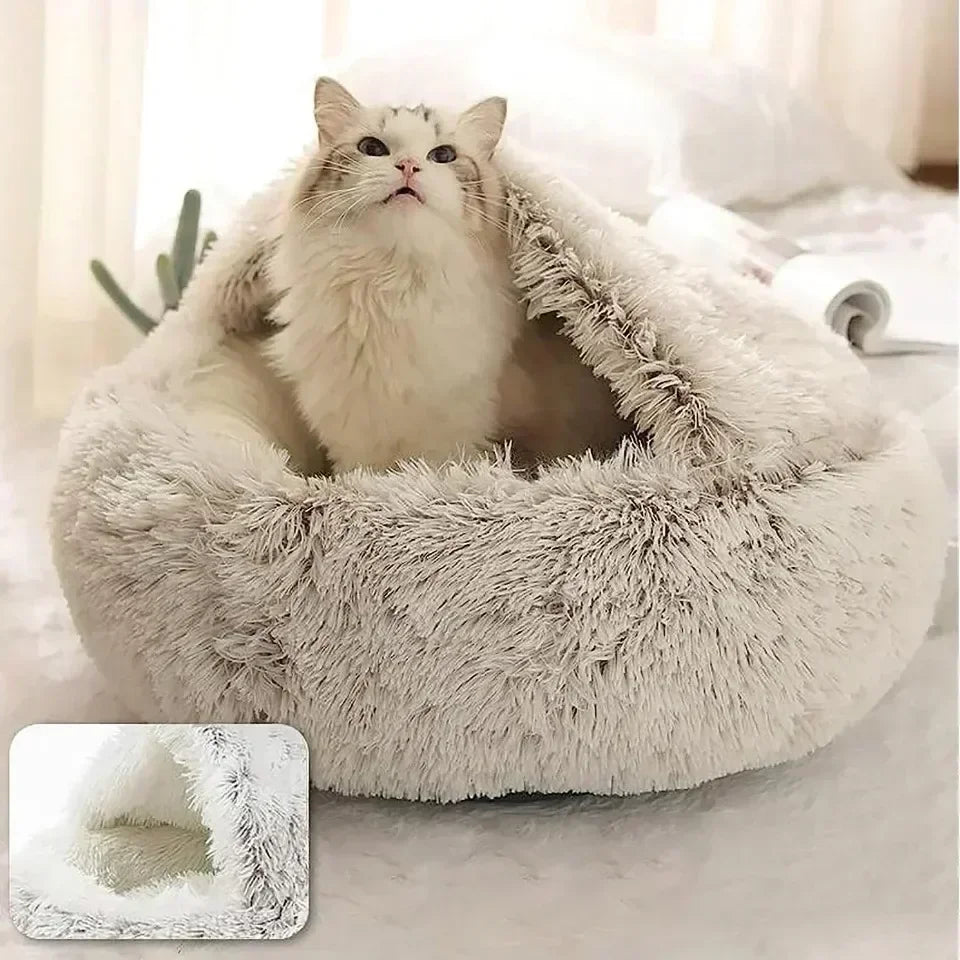 Round Cat Bed Winter Plush Cats Nest Semi Enclosed Simple Pet Sleeping Bag Comfort Warm Doghouse Living Room Corner Dog Kennel