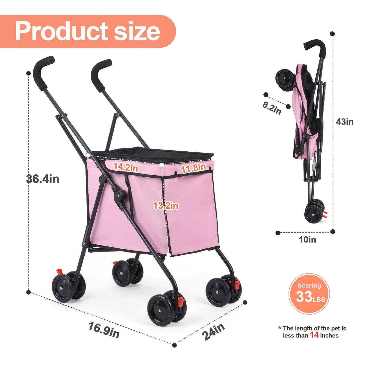 Shopping Trolley 33lbs 4 Wheels Dog Stroller Rotate Pink Pet Puppy StrollerTravel Hand Cart Folding einkaufswagen