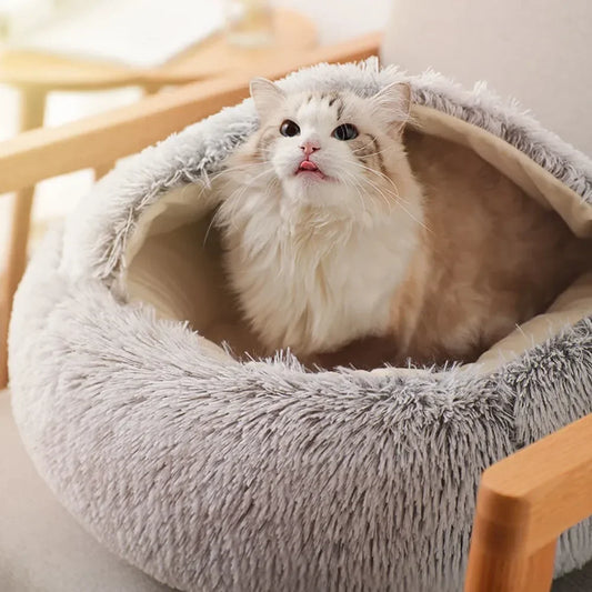 Round Cat Bed Winter Plush Cats Nest Semi Enclosed Simple Pet Sleeping Bag Comfort Warm Doghouse Living Room Corner Dog Kennel