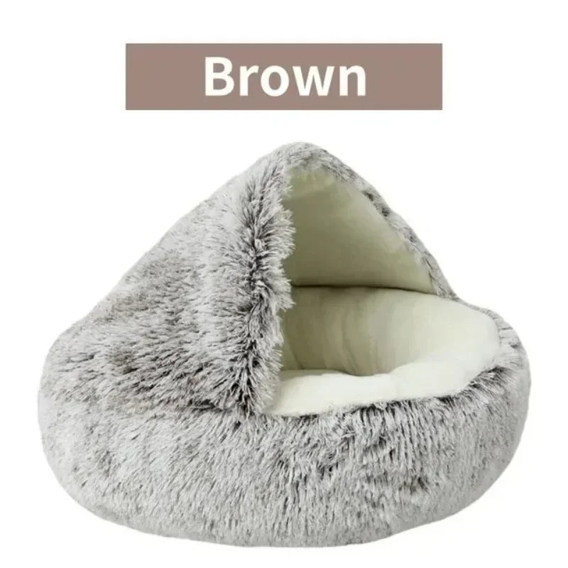 Round Cat Bed Winter Plush Cats Nest Semi Enclosed Simple Pet Sleeping Bag Comfort Warm Doghouse Living Room Corner Dog Kennel