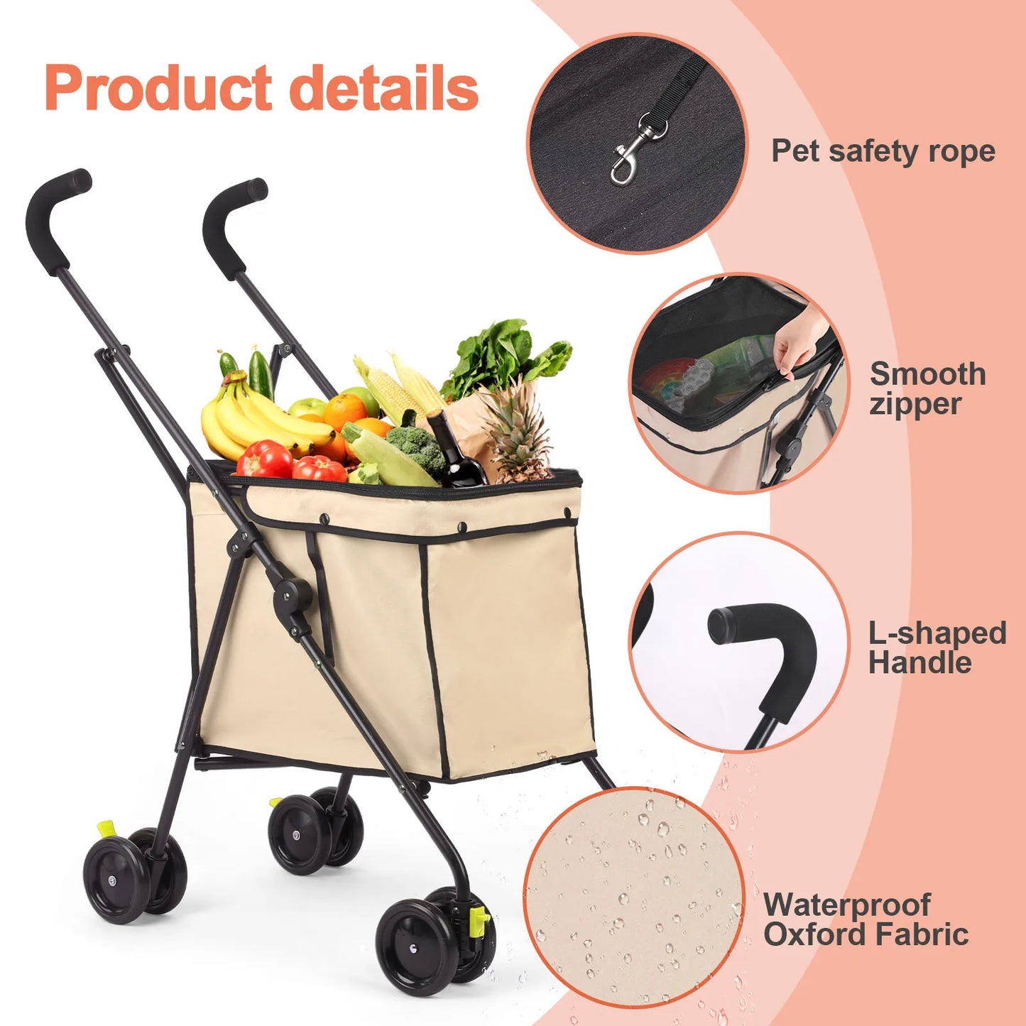 Shopping Trolley 33lbs 4 Wheels Dog Stroller Rotate Pink Pet Puppy StrollerTravel Hand Cart Folding einkaufswagen