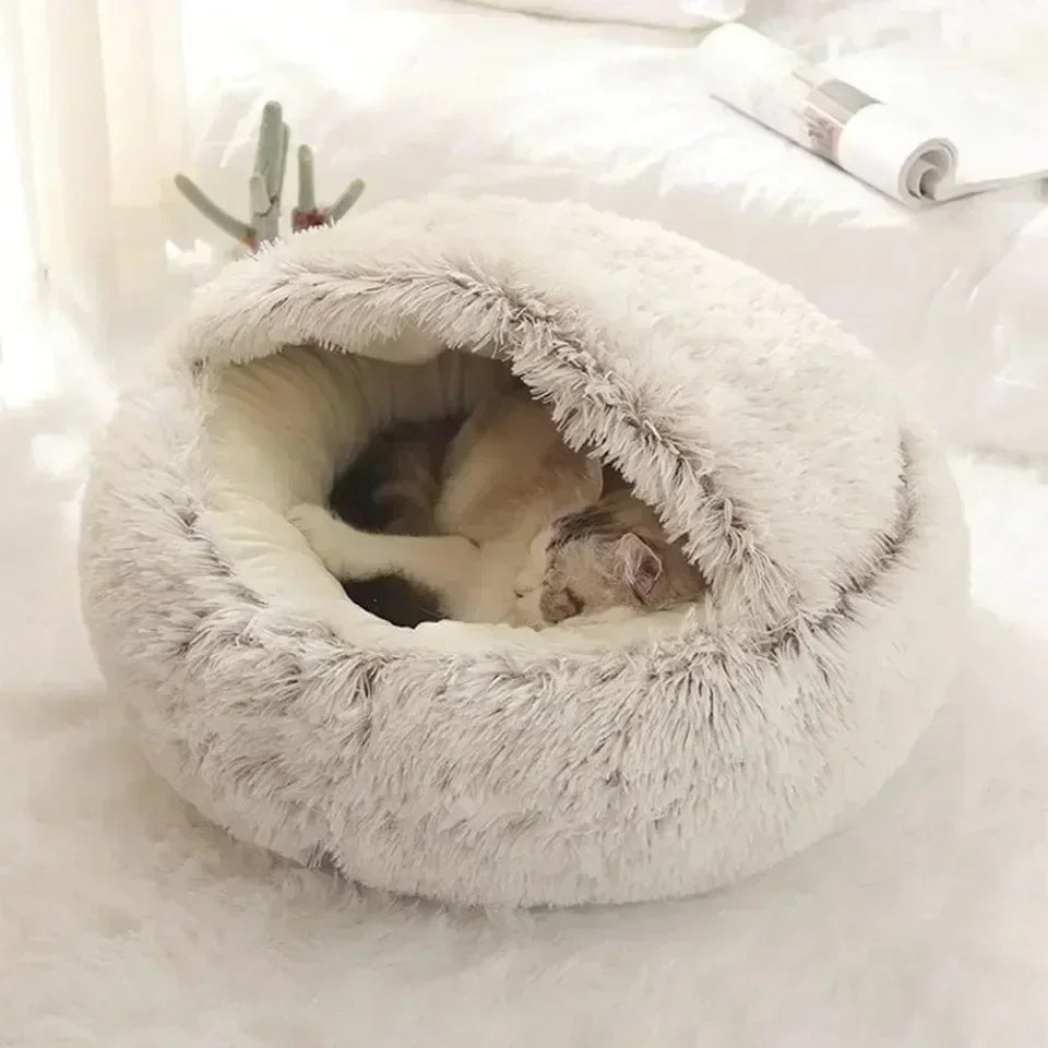 Round Cat Bed Winter Plush Cats Nest Semi Enclosed Simple Pet Sleeping Bag Comfort Warm Doghouse Living Room Corner Dog Kennel