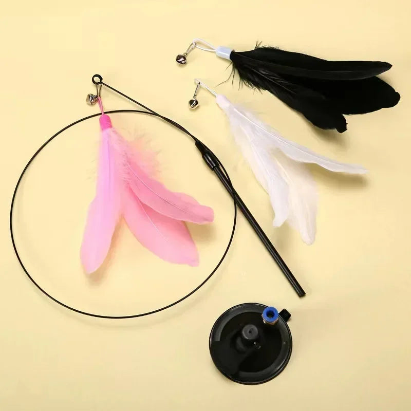 Cat Toys Interactive Funny Cat Feather Wand Suction Cup Ball Feathers Replacements with Bells for Indoor Cats Kitten Exercise