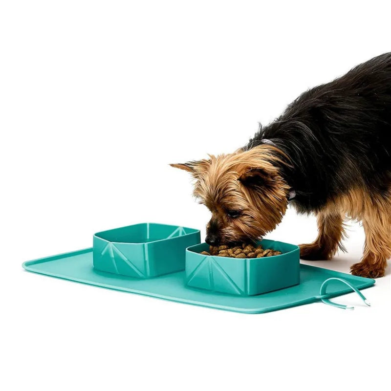 Pet Bowl Silicone Folding Pet Bowl Non-slip Dog Double Bowl Velvet Bag Dog Bowl Outdoor Pet Portable Dog Bowl Food