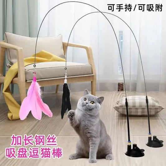 Cat Toys Interactive Funny Cat Feather Wand Suction Cup Ball Feathers Replacements with Bells for Indoor Cats Kitten Exercise